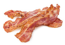 Cooked Bacon Rashers Close-up Isolated On A White Background.