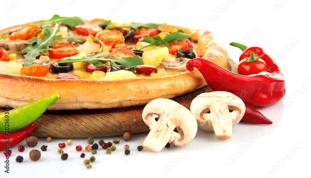 Delicious pizza with vegetables, isolated on white