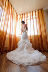 Wall Mural - The bride with a naked back in a wedding dress with a long plume