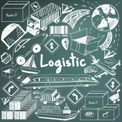 Logistic transportation inventory management doodle icon cargo object sign and symbol in blackboard background for business presentation title or education with header (vector)