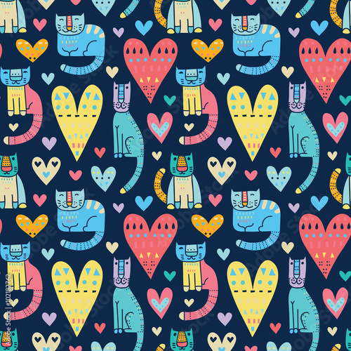 Cotton fabric Cats and love, love and cats. Funny colorful vector seamless pat