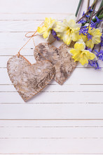 Sweet Yellow And Blue Spring Flowers And  Two Decorative Hearts