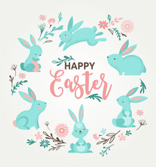 Wall Mural - Easter design with cute banny and text, hand drawn illustration