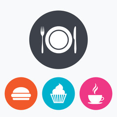 Poster - Food icons. Muffin cupcake symbol. Fork, knife.