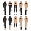 Vector illustration. Hosiery elements - tights, stockings, golfs, leg warmers, socks. Woman lingerie icons set. Silhouettes of female underwear. 