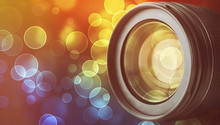Lens Of Camera On Abstract Night Background, Close Up