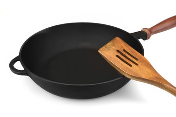 Empty Modern Vintage Cast Iron Pan With Wooden Handle Isolated