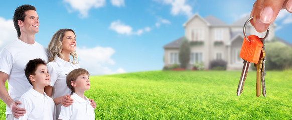 Canvas Print - Happy family near new house.