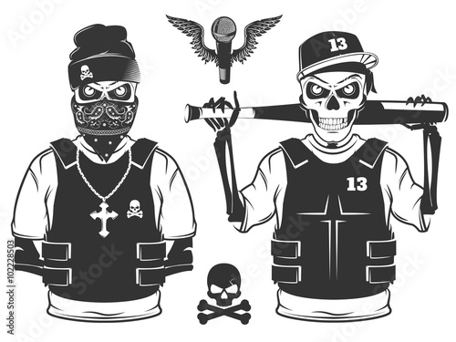 Fotografie, Obraz Set of rap skull and hip hop skeleton black and white style