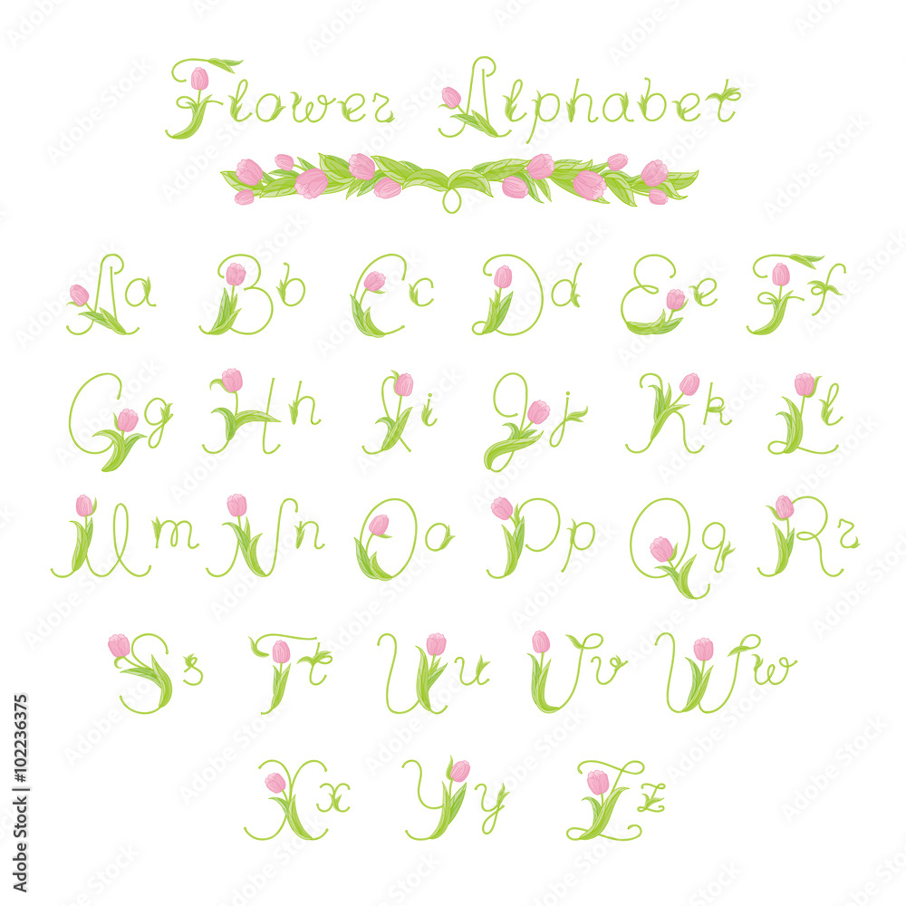 flower alphabet - letters with pink tulips and green leaves Stock ...