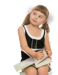 thoughtful little blonde girl with short bangs and long pigtails braided in are large white bows , r
