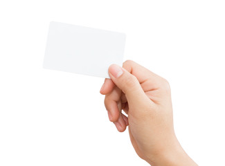 female hand holding blank card isolated clipping path in image d