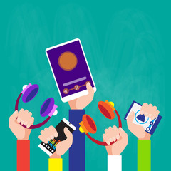 Poster - hands group holding music device player tablet smartphone modern technology flat vector illustration