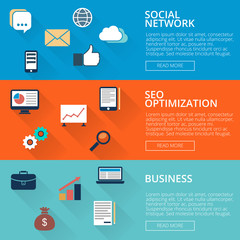 Poster - set of three banners in a flat style with icons on a theme SEO, business, social network