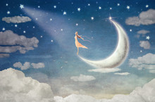 Girl On Moon  Admires  The Night Sky  - Illustration Art