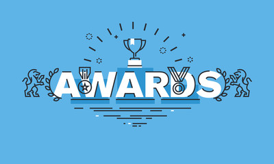 Fototapete - Thin line design concept for awards website banner. Vector illustration concept for information about awards for the business success, sports achievements, quality of products, charity work, science.