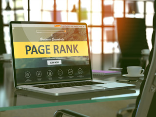 Poster - Modern Workplace with Laptop showing Landing Page with Page Rank Concept. Toned Image with Selective Focus. 3d Render. 3d Render.