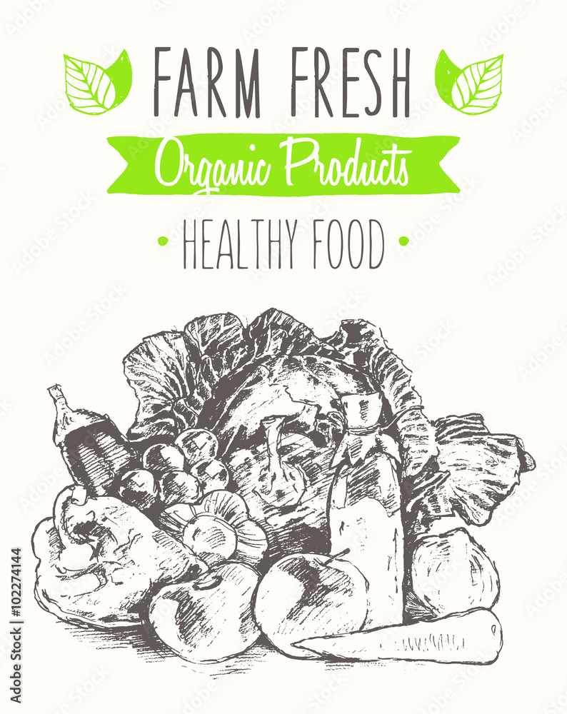 Organic product farm healthy food poster drawn Stock Vector | Adobe Stock