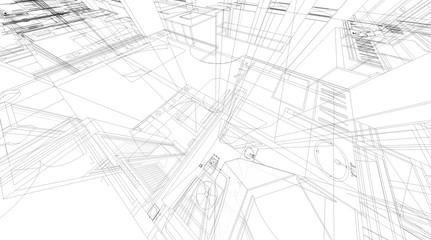 Poster - abstract 3d rendering of building wireframe structure.