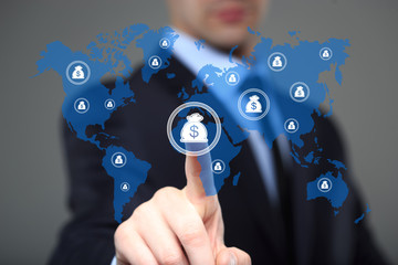 Businessman pushing button with dollar map currency web icon. business, technology and internet concept 