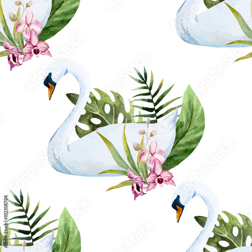 Cotton fabric Watercolor swan pattern