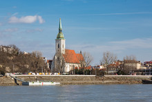 The Danube River And St. Martin's Cathedral In Bratislava, Slova