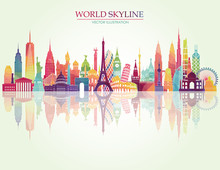  World Famous Monuments Skyline. Travel And Tourism Background. Vector Illustration