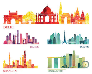 Wall Mural - Skyline detailed silhouette set (Delhi, Beijing, Tokyo, shanghai, Singapore). Vector illustration