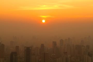 Wall Mural - Aerial view of Bangkok downtown at misty sunrise, Thailand