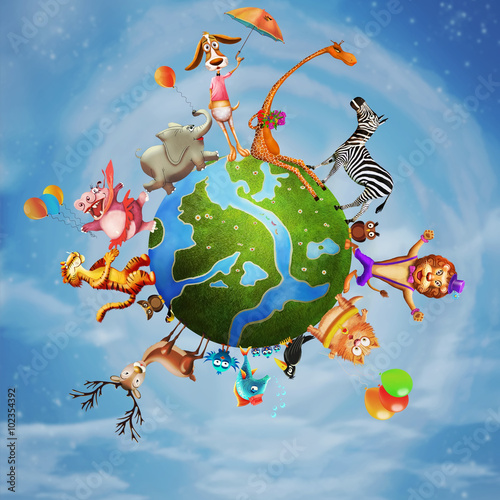Obraz w ramie Illustration of different animals around the planet