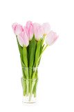 Fototapeta Tulipany - Bouquet of fresh pink tulips in vase isolated over white background 