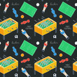 Table football sketch. Seamless pattern with hand-drawn cartoon icons - old-fashioned foosball player ,ball, field, figurine. Vector illustration - swatch inside