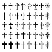 Christian Cross Icons. Vector Line Black Christian Cross Set On White Background