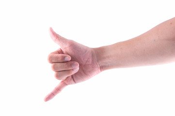 Closeup man's hand showing two fingers on a white isolated backg