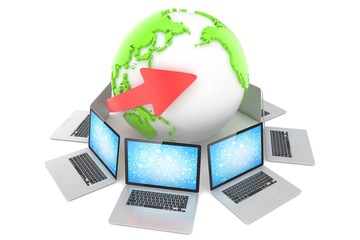 Laptop network around earth globe. 3d render