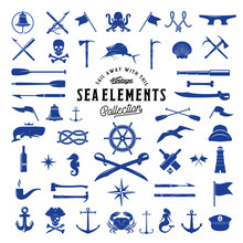 Vintage Vector Sea Or Nautical Icon Elements Set For Your Retro Labels, Badges And Logos.