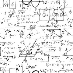 Seamless endless pattern background with handwritten mathematical formulas, math relationship or rules expressed in symbols, various operations such as addition, subtraction, multiplication, division.