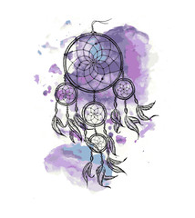 Wall Mural - Hand-drawn dreamcatcher  with feathers. Ethnic illustration, tribal