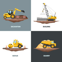 Construction Machinery 4 Flat Icons Square