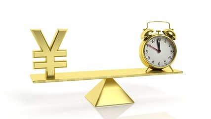 Wall Mural - Golden balance scale with Yen symbol and alarm clock, on white background.