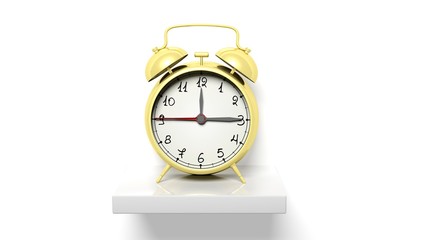 Canvas Print - Retro gold alarm clock on white wall shelf