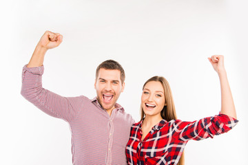 Sticker - Smiling couple in love with raised hands