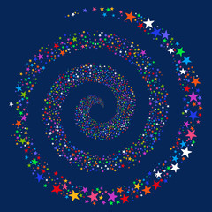 Wall Mural - Salute Star Spiral vector illustration. This Festival Pyrotechnic illustration is drawn with bright multicolored flat stars on a blue background.