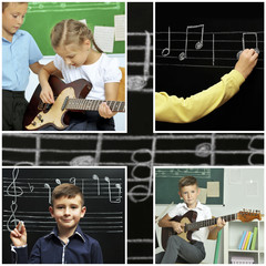 Wall Mural - Collage with pupils having music lesson in classroom at elementary school