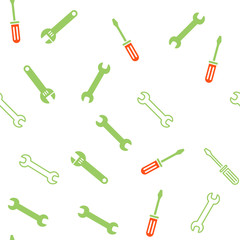 Screwdrivers And Wrenches Seamless vector repeatable pattern. Style is flat green and orange symbols on a white background.