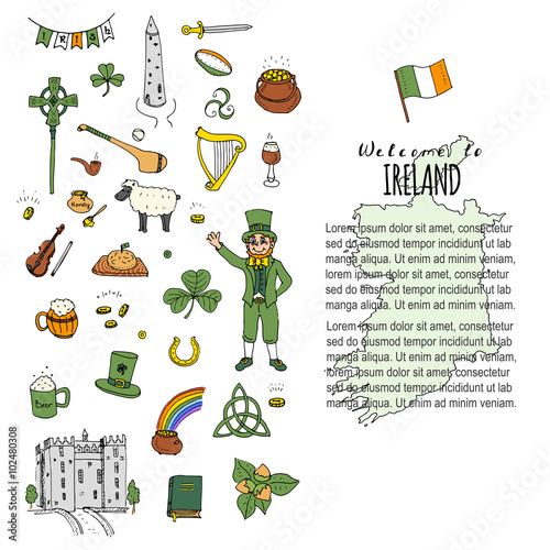 Hand drawn doodle Ireland set Vector illustration Sketchy Irish ...