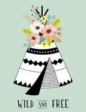 Abstract Tribal Design With Teepee And Flowers. 