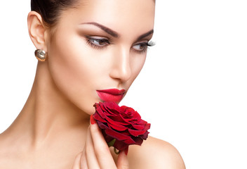 Wall Mural - beauty woman with red rose isolated on white background
