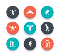 Canvas Print - Gym, fitness exercises round color icons, gym training, workout icon, vector illustration