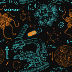 Wall Mural - Vintage seamless pattern old chemistry laboratory with microscope, tubes, formulas, microbes and viruses. Vector retro hand drawn illustration in sketch style